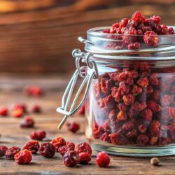 Schisandra Beeren im Glas auf einen Tisch drappiert