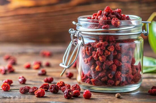 Schisandra Beeren im Glas auf einen Tisch drappiert