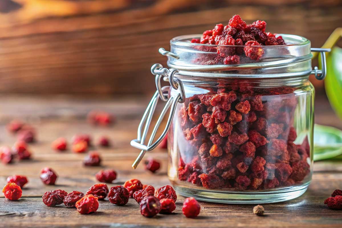 Schisandra Beeren im Glas auf einen Tisch drappiert