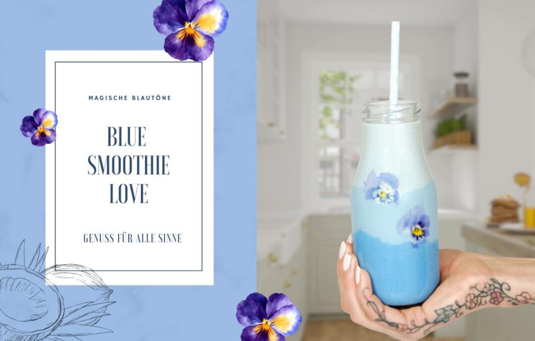 Jemand hält eine Flasche in der Hand, die mit etwas in drei verschiedenen Blautönen gefüllt ist. Aus der Flasche ragt ein weißer Strohhalm heraus.