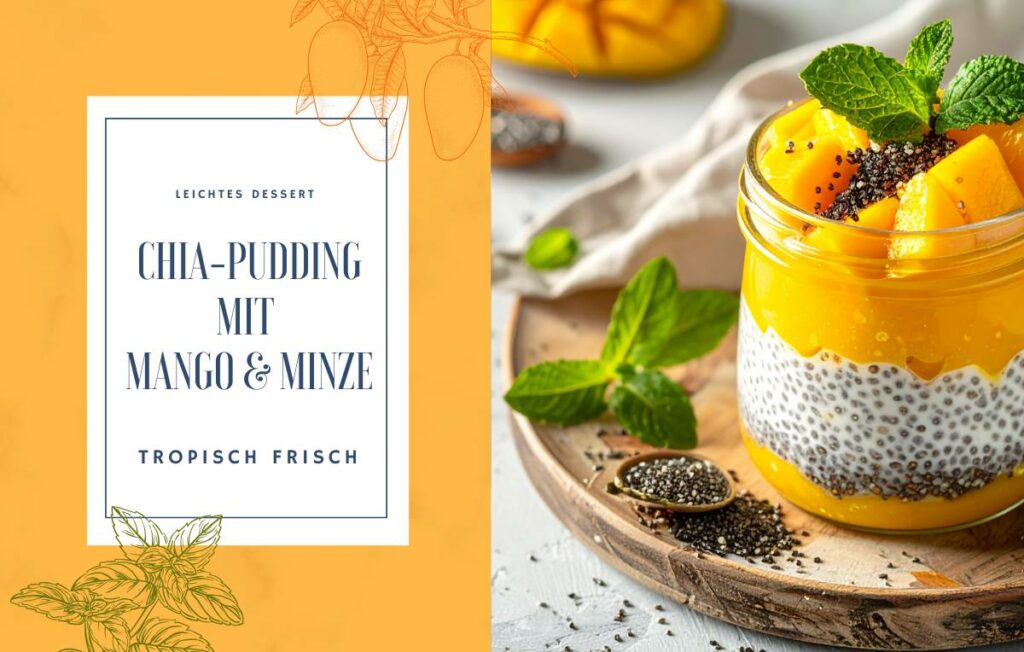 Ein Glas gefüllt mit Chia-Pudding und Mango-Püree steht auf einem Teller, drumherum Deko.