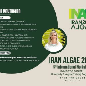 Banner von der Iran Algae 2026 Konferenz mit Kirstin Knufmann als Bild und Agenda