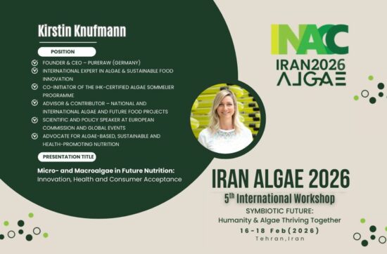 Banner von der Iran Algae 2026 Konferenz mit Kirstin Knufmann als Bild und Agenda