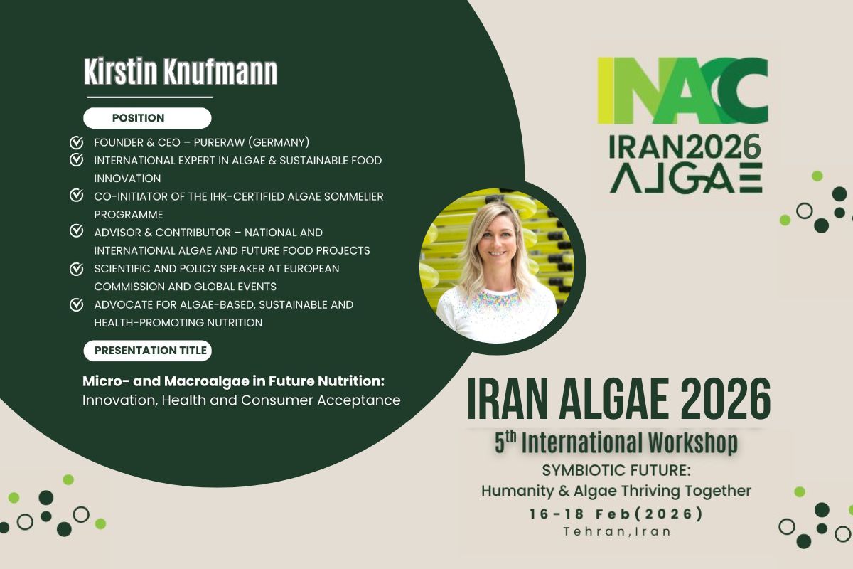 Banner von der Iran Algae 2026 Konferenz mit Kirstin Knufmann als Bild und Agenda