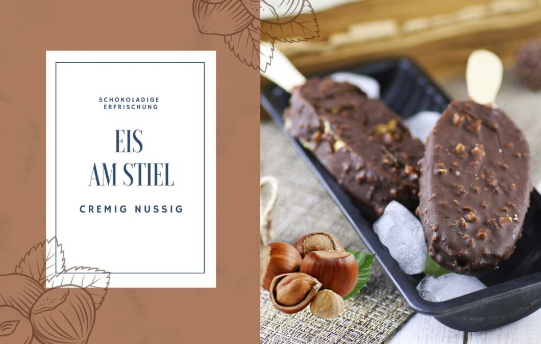 Rezeptbanner für Eis am Stiel; links der Name, rechts zwei Eis auf einem Teller dekoriert