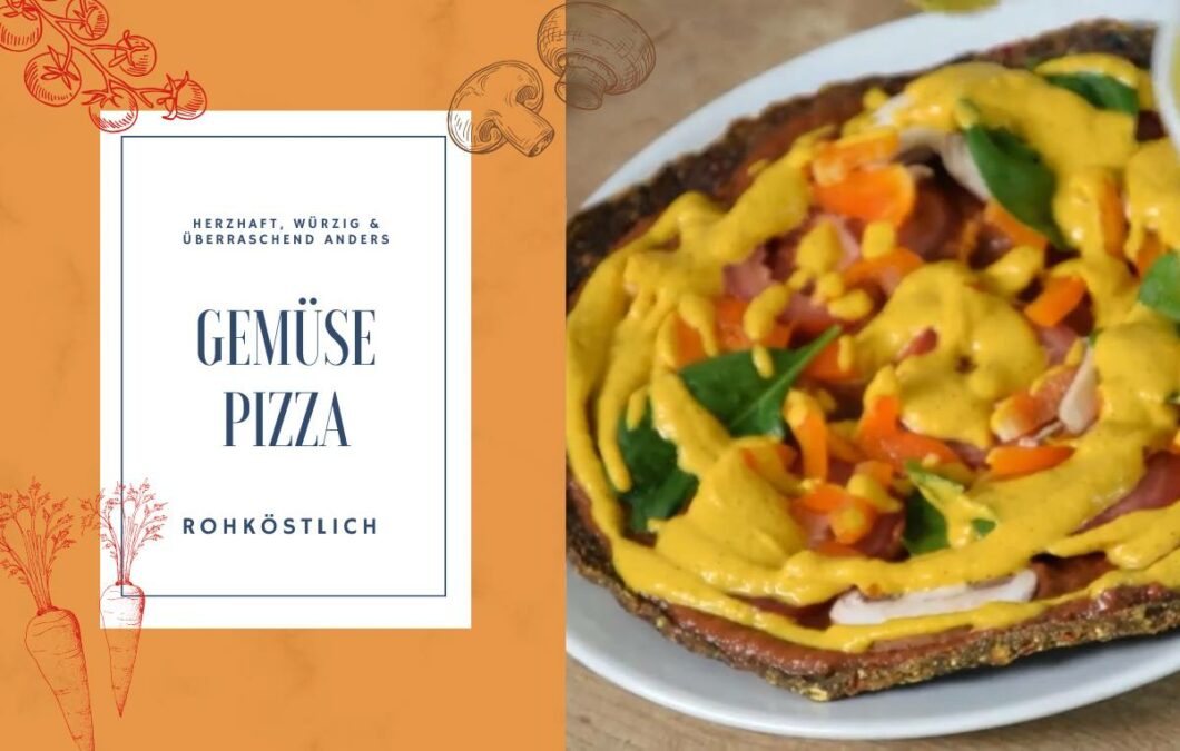 Rezeptbanner, links der Name und rechts ein Bild der Gemüsepizza